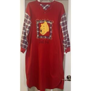 VINTAGE Winnie The Pooh Nightgown Red Plaid Sleeve Embroidered Cartoon Sleepwear